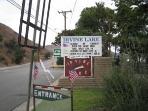 Irvine Lake sign driving North on Santiago Cnyn Rd, Turn Right.